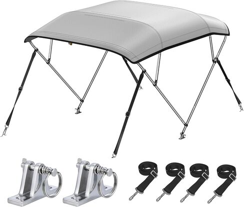 KAKIT 4 Bow Bimini Top for Boats, Marine Grade Canvas Top Heavy Duty Oxford Boat Canopy Adjustable 4 Straps Zippered Storage Boot Metal Base (3 Bow 6'L x 46" H x 85"-90" W,Gray) in Kuwait