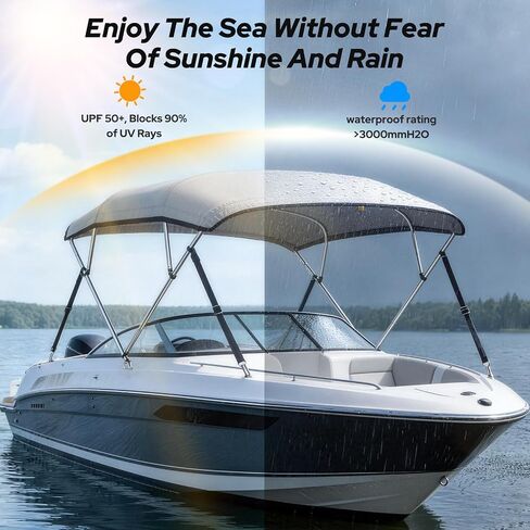 KAKIT 4 Bow Bimini Top for Boats, Marine Grade Canvas Top Heavy Duty Oxford Boat Canopy Adjustable 4 Straps Zippered Storage Boot Metal Base (3 Bow 6'L x 46" H x 85"-90" W,Gray) in Kuwait