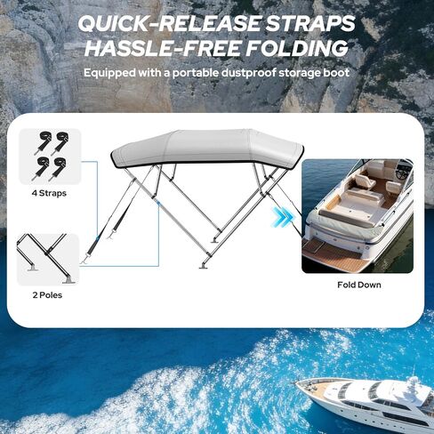 KAKIT 4 Bow Bimini Top for Boats, Marine Grade Canvas Top Heavy Duty Oxford Boat Canopy Adjustable 4 Straps Zippered Storage Boot Metal Base (3 Bow 6'L x 46" H x 85"-90" W,Gray) in Kuwait