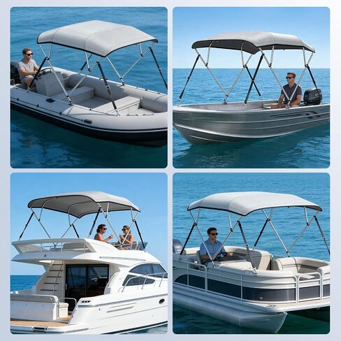 KAKIT 4 Bow Bimini Top for Boats, Marine Grade Canvas Top Heavy Duty Oxford Boat Canopy Adjustable 4 Straps Zippered Storage Boot Metal Base (3 Bow 6'L x 46" H x 85"-90" W,Gray) in Kuwait