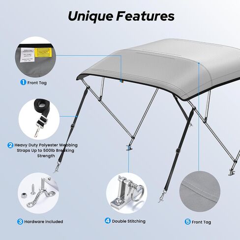 KAKIT 4 Bow Bimini Top for Boats, Marine Grade Canvas Top Heavy Duty Oxford Boat Canopy Adjustable 4 Straps Zippered Storage Boot Metal Base (3 Bow 6'L x 46" H x 85"-90" W,Gray) in Kuwait