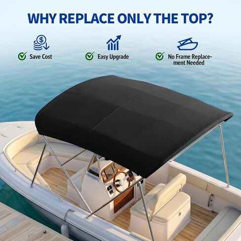 3 Bow Bimini Top Replacement Cover -Durable Marine Grade Canvas Sun Shade Boat Canopy Without Frame，6'L x 73-78"x 46"H,Black in Kuwait