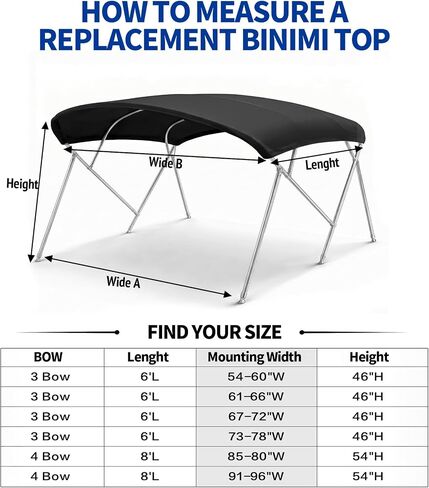 3 Bow Bimini Top Replacement Cover -Durable Marine Grade Canvas Sun Shade Boat Canopy Without Frame，6'L x 73-78"x 46"H,Black in Kuwait