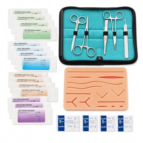 Suture Practice Kit for Medical & Vet Students – 32-Piece Suturing Kit with 3-Layer Silicone Suture Pad, 14 Pre-Cut Wounds, 20 Sutures, Surgical Training Tools & Carry Case in Kuwait