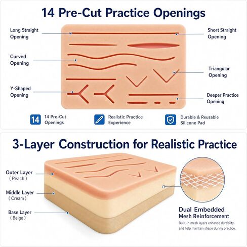 Suture Practice Kit for Medical & Vet Students – 32-Piece Suturing Kit with 3-Layer Silicone Suture Pad, 14 Pre-Cut Wounds, 20 Sutures, Surgical Training Tools & Carry Case in Kuwait