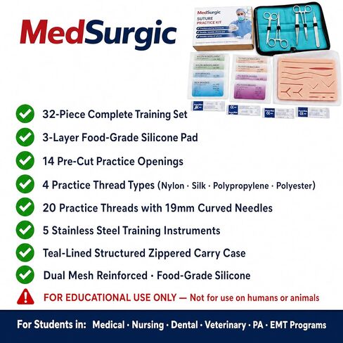 Suture Practice Kit for Medical & Vet Students – 32-Piece Suturing Kit with 3-Layer Silicone Suture Pad, 14 Pre-Cut Wounds, 20 Sutures, Surgical Training Tools & Carry Case in Kuwait
