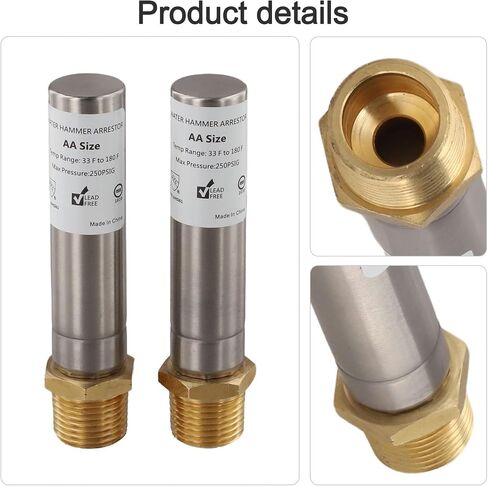 2-Pack 1/2" NPT Stainless Steel Water Hammer Arrestor, Brass Body for Potable Water Pipe Noise Reduction, Max 250 PSIG and 250°F, Vertical or Horizontal Installation in Kuwait