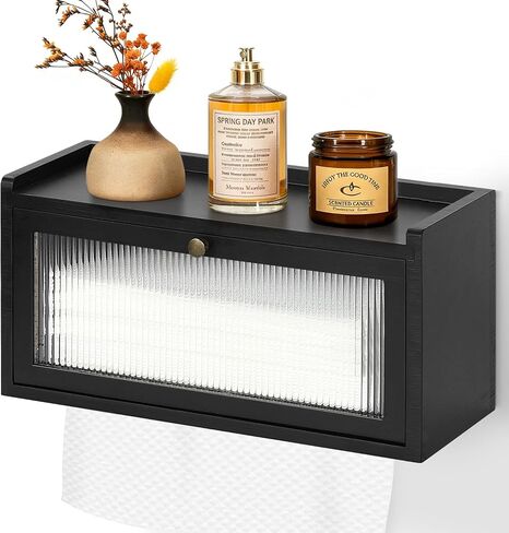 Wall Mount Paper Towel Holder, Wooden Paper Towel Dispenser for C-Fold Z-Fold Trifold Towel, Black Bathroom Paper Towel Holder with Acrylic Window & Top Shelf, Vintage Farmhouse Kitchen Bathroom Decor in Kuwait