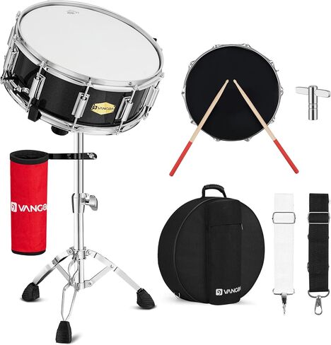 Vangoa Snare Drum Kit with Remo Head 14" x 5.5" Student Marching School Band Beginner Practice Snare Drum with Stand, Drumstick Holder, Padded Gig Bag, Mute Pad, Neck Strap, and 5A Drum Sticks, Black in Kuwait