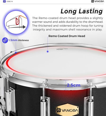 Vangoa Snare Drum Kit with Remo Head 14" x 5.5" Student Marching School Band Beginner Practice Snare Drum with Stand, Drumstick Holder, Padded Gig Bag, Mute Pad, Neck Strap, and 5A Drum Sticks, Black in Kuwait