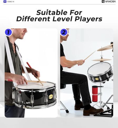 Vangoa Snare Drum Kit with Remo Head 14" x 5.5" Student Marching School Band Beginner Practice Snare Drum with Stand, Drumstick Holder, Padded Gig Bag, Mute Pad, Neck Strap, and 5A Drum Sticks, Black in Kuwait