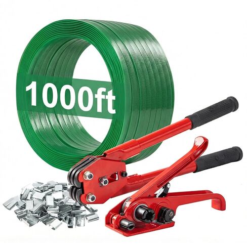 Pallet Banding Strapping Kit with Tools, 5/8" x 1000 Ft Heavy-Duty Green PET Strapping (1480 lbs Break Strength), Tensioner & Sealer Tool, 100 Metal Seals for Shipping, Bundling & Cargo in Kuwait