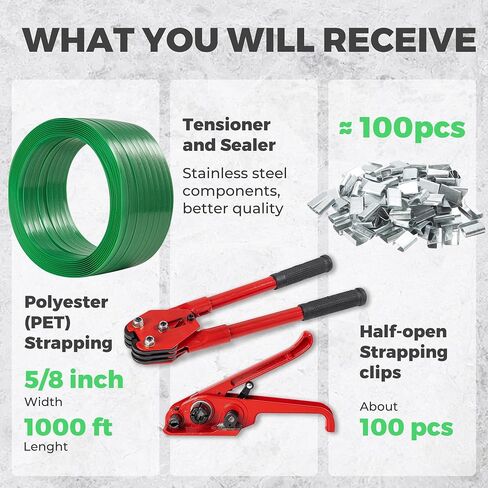Pallet Banding Strapping Kit with Tools, 5/8" x 1000 Ft Heavy-Duty Green PET Strapping (1480 lbs Break Strength), Tensioner & Sealer Tool, 100 Metal Seals for Shipping, Bundling & Cargo in Kuwait