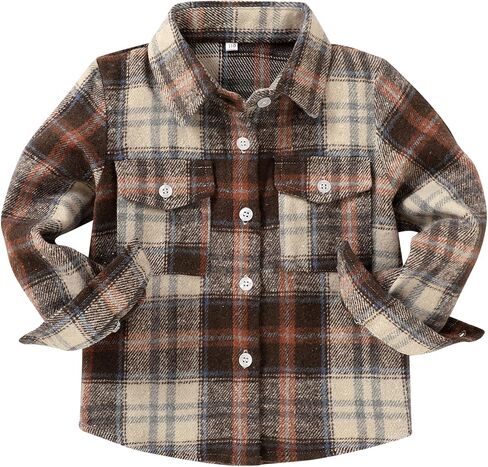 Kids Little Boys Girls Baby Long Sleeve Button Down Red Plaid Flannel Shirt Plaid Girl Boy 1-5T(12-18 Months, Brown B) in Kuwait
