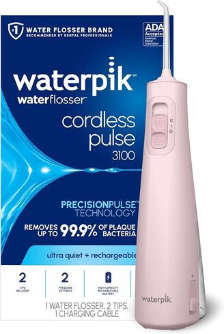 جهاز تنظيف الأسنان المائي اللاسلكي نبض 3100 القابل لإعادة الشحن من Waterpik للأسنان واللثة والعناية بالأقواس والسفر مع طرفين لتنظيف الأسنان، مقاوم للماء للاستخدام أثناء الاستحمام، مقبول من ADA، WF-20 أزرق، حصريًا من Amazon in Kuwait