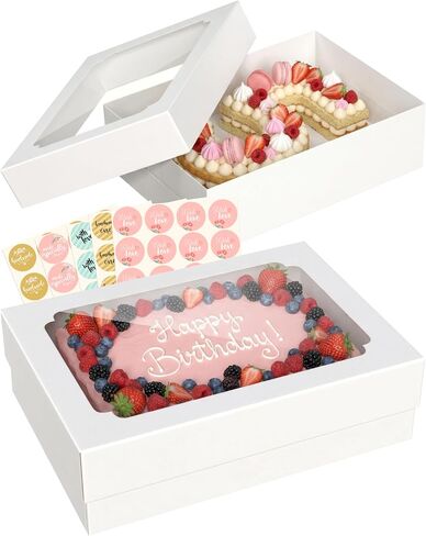 4pcs 14x10x4 inch Quarter Sheet Cake Boxes, White Large Rectangle Bakery Boxes with Window for Pastry, Donuts, Cupcakes, Pie, Cookies, Treat Packaging, Cajas para Pasteles with 80 Stickers in Kuwait