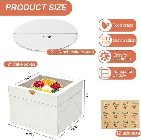 2 Pack Cake Boxes, 12x12x8 Inches Tall Cake Box with Window, Cake Carrier with Lids, White Cake Boxes with Cake Boards, for Cakes Cookie Cupcake Pie Birthday Party Wedding in Kuwait