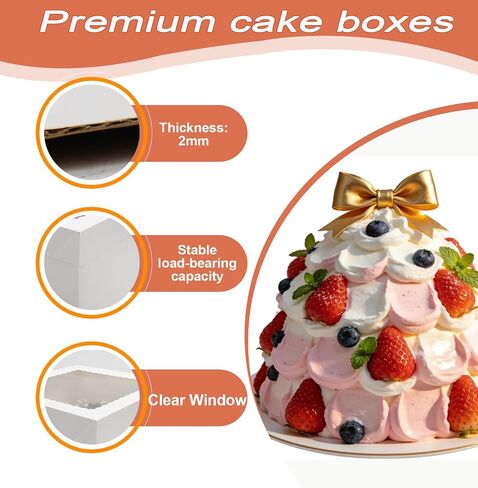 2 Pack Cake Boxes, 12x12x8 Inches Tall Cake Box with Window, Cake Carrier with Lids, White Cake Boxes with Cake Boards, for Cakes Cookie Cupcake Pie Birthday Party Wedding in Kuwait
