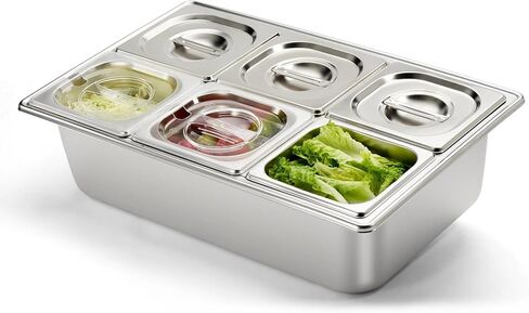 HECMAC Ice Chilled Condiment Serving Container (6 Pan), 2 Types of Lids, Drain Tray, 23 Gauge Anti-Jam Food Pan Commercial Heavy Duty Spice Rack Set, for Kitchen Buffet Catering in Kuwait