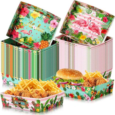 Uiifan 60 Pcs Hawaii Aloha Tropical Party Paper Trays 5lb Large Disposable Hawaiian Luau Nacho Boats Large Paper Food Severing Trays for Tropical Tiki Summer Pool Theme Party Supplies (Flamingo Style) in Kuwait