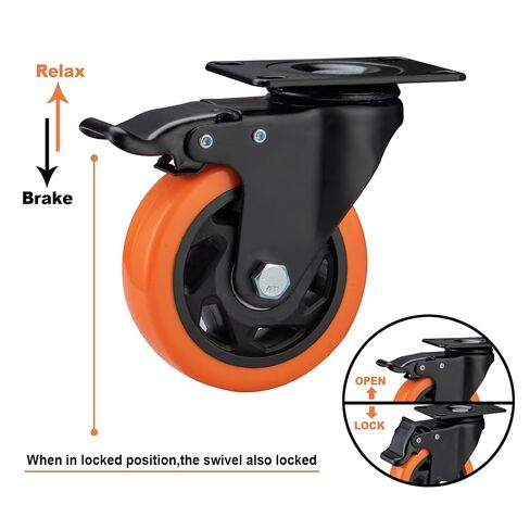 4" Caster Wheels, Casters Set of 4 Heavy Duty - Orange Polyurethane Castors, Top Plate Swivel Wheels, 4-Pack Industrial Casters with Brake, Locking Caster for Furniture and Workbench in Kuwait
