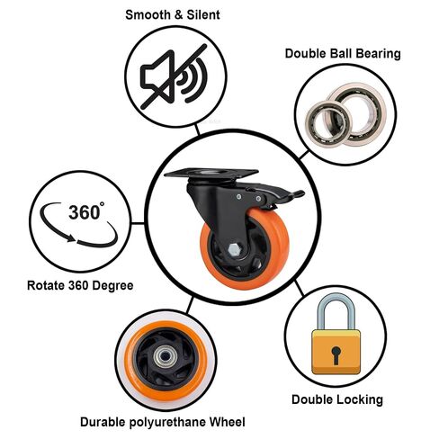 4" Caster Wheels, Casters Set of 4 Heavy Duty - Orange Polyurethane Castors, Top Plate Swivel Wheels, 4-Pack Industrial Casters with Brake, Locking Caster for Furniture and Workbench in Kuwait