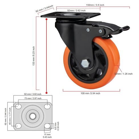 4" Caster Wheels, Casters Set of 4 Heavy Duty - Orange Polyurethane Castors, Top Plate Swivel Wheels, 4-Pack Industrial Casters with Brake, Locking Caster for Furniture and Workbench in Kuwait