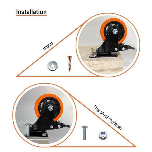 4" Caster Wheels, Casters Set of 4 Heavy Duty - Orange Polyurethane Castors, Top Plate Swivel Wheels, 4-Pack Industrial Casters with Brake, Locking Caster for Furniture and Workbench in Kuwait