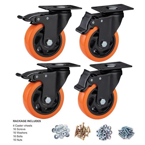 4" Caster Wheels, Casters Set of 4 Heavy Duty - Orange Polyurethane Castors, Top Plate Swivel Wheels, 4-Pack Industrial Casters with Brake, Locking Caster for Furniture and Workbench in Kuwait