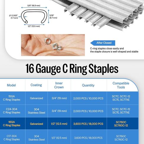 meite 16 Gauge 1/2" Hog Rings, Galvanized Hog Ring Staples for SC760C, SC760-I2 Hog Ring Stapler, C Ring Staples for Bag Closing, Fencing Installation, Upholstery Repair (3,600 Counts) in Kuwait