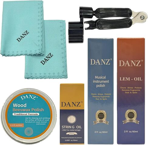 Guitar cleaning kit with guitar string cleaner, lemon oil, polish, cleaning cloth, beeswax, guitar string winder in Kuwait