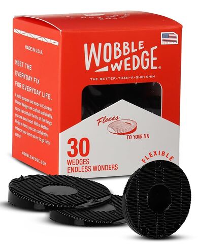 WOBBLE WEDGES Flexible Plastic Shims and Wedges for Leveling, Furniture Leveling Shims, Plastic Wedges, Resists Slipping, Stacks Securely, Fits Tight Spaces, Black, 1.50"x1.50"x0.25", (30 Pack) in Kuwait