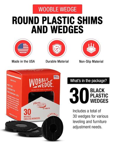 WOBBLE WEDGES Flexible Plastic Shims and Wedges for Leveling, Furniture Leveling Shims, Plastic Wedges, Resists Slipping, Stacks Securely, Fits Tight Spaces, Black, 1.50"x1.50"x0.25", (30 Pack) in Kuwait