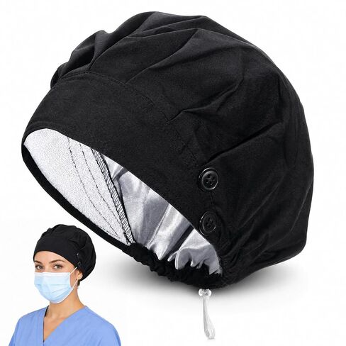 Scrub Cap for Women Men, Adjustable Working Caps with Button, Breathable Elastic Black Scrub Cap Satin Lined Surgical Caps for Ponytail Hair Surgical Nurse in Kuwait