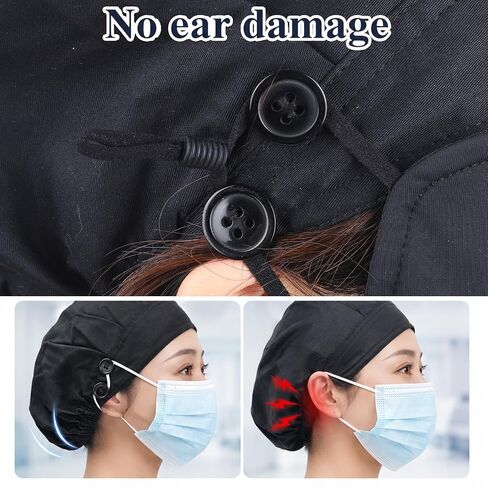 Scrub Cap for Women Men, Adjustable Working Caps with Button, Breathable Elastic Black Scrub Cap Satin Lined Surgical Caps for Ponytail Hair Surgical Nurse in Kuwait