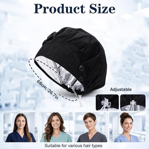 Scrub Cap for Women Men, Adjustable Working Caps with Button, Breathable Elastic Black Scrub Cap Satin Lined Surgical Caps for Ponytail Hair Surgical Nurse in Kuwait