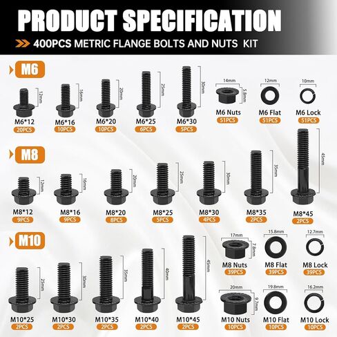 mankk 400PCS Metric Grade 10.9 Flange Bolts and Nuts Assortment Kit M6x1.0, M8x1.25, M10x1.5 (12mm to 45mm) Black Alloy Steel Class Hex Bolts and Nuts Washers Kit for Automotive in Kuwait