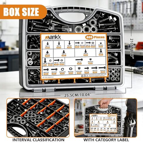 mankk 400PCS Metric Grade 10.9 Flange Bolts and Nuts Assortment Kit M6x1.0, M8x1.25, M10x1.5 (12mm to 45mm) Black Alloy Steel Class Hex Bolts and Nuts Washers Kit for Automotive in Kuwait