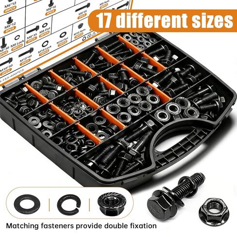 mankk 400PCS Metric Grade 10.9 Flange Bolts and Nuts Assortment Kit M6x1.0, M8x1.25, M10x1.5 (12mm to 45mm) Black Alloy Steel Class Hex Bolts and Nuts Washers Kit for Automotive in Kuwait