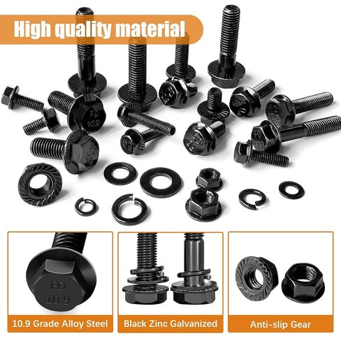 mankk 400PCS Metric Grade 10.9 Flange Bolts and Nuts Assortment Kit M6x1.0, M8x1.25, M10x1.5 (12mm to 45mm) Black Alloy Steel Class Hex Bolts and Nuts Washers Kit for Automotive in Kuwait