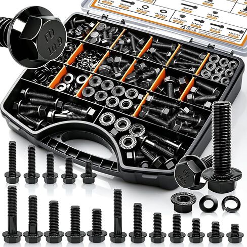 mankk 400PCS Metric Grade 10.9 Flange Bolts and Nuts Assortment Kit M6x1.0, M8x1.25, M10x1.5 (12mm to 45mm) Black Alloy Steel Class Hex Bolts and Nuts Washers Kit for Automotive in Kuwait