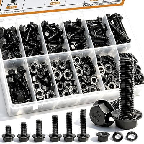 mankk 400PCS Metric Grade 10.9 Flange Bolts and Nuts Assortment Kit M6x1.0, M8x1.25, M10x1.5 (12mm to 45mm) Black Alloy Steel Class Hex Bolts and Nuts Washers Kit for Automotive in Kuwait
