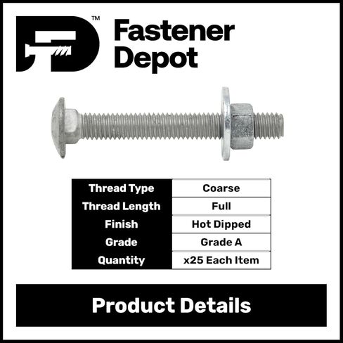 3/4"-10 x 4-1/2" (25 Pack) Galvanized Carriage Bolt Kit Grade 307A, Includes: USS Washers (25 pcs) and Hex Nuts (25 pcs), Hot Dip Galvanized for Exterior Use by Fastener Depot in Kuwait