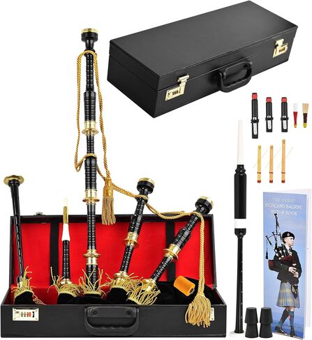 Highland Redstone Professional Full-Size Rosewood Scottish Bagpipe – Lead-Free Glossy Black Finish | Gold-Engraved Mounts & Ferrules | Cowhide Leather Hard Case | Premium Reeds + FREE Practice Chanter in Kuwait