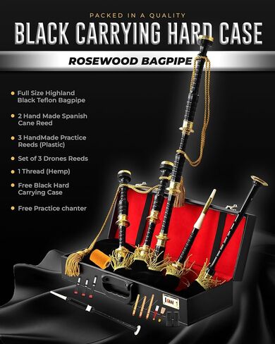 Highland Redstone Professional Full-Size Rosewood Scottish Bagpipe – Lead-Free Glossy Black Finish | Gold-Engraved Mounts & Ferrules | Cowhide Leather Hard Case | Premium Reeds + FREE Practice Chanter in Kuwait