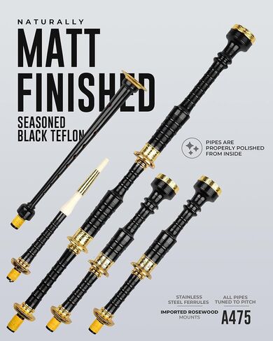 Highland Redstone Professional Full-Size Rosewood Scottish Bagpipe – Lead-Free Glossy Black Finish | Gold-Engraved Mounts & Ferrules | Cowhide Leather Hard Case | Premium Reeds + FREE Practice Chanter in Kuwait