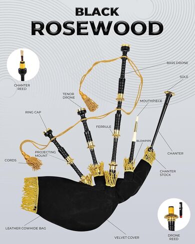 Highland Redstone Professional Full-Size Rosewood Scottish Bagpipe – Lead-Free Glossy Black Finish | Gold-Engraved Mounts & Ferrules | Cowhide Leather Hard Case | Premium Reeds + FREE Practice Chanter in Kuwait