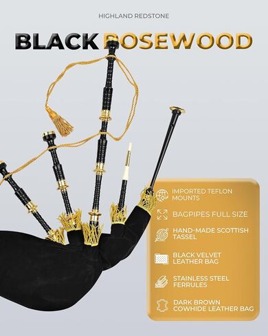 Highland Redstone Professional Full-Size Rosewood Scottish Bagpipe – Lead-Free Glossy Black Finish | Gold-Engraved Mounts & Ferrules | Cowhide Leather Hard Case | Premium Reeds + FREE Practice Chanter in Kuwait