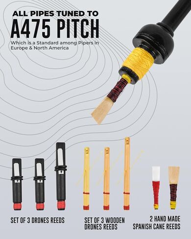 Highland Redstone Professional Full-Size Rosewood Scottish Bagpipe – Lead-Free Glossy Black Finish | Gold-Engraved Mounts & Ferrules | Cowhide Leather Hard Case | Premium Reeds + FREE Practice Chanter in Kuwait