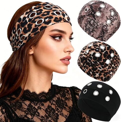 CHLINS 3 Pcs Punk Hollowed Out Eyelets Grunge Wide Headbands for Women Stretchy Metal Rock for Sports Casual Hair Bands Y2K Daily Hair Accessories in Saudi Arabia